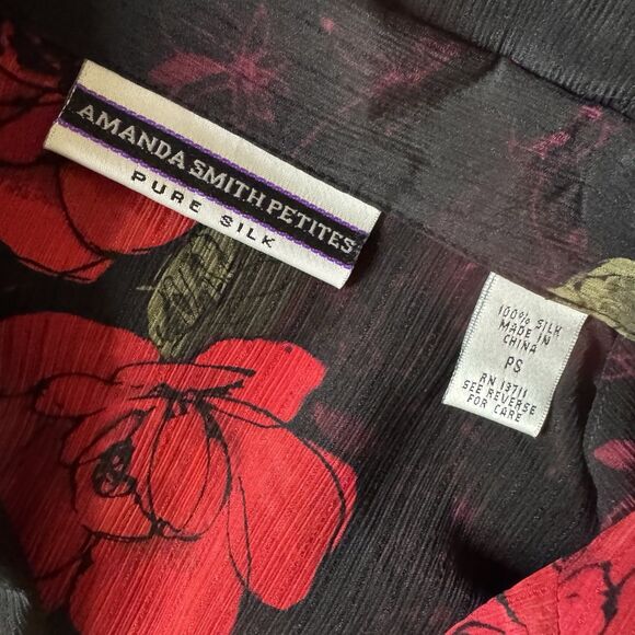 Amanda Smith Petites Silk Blouse Rose Button Front Collared Red Black PS - Picture 6 of 7